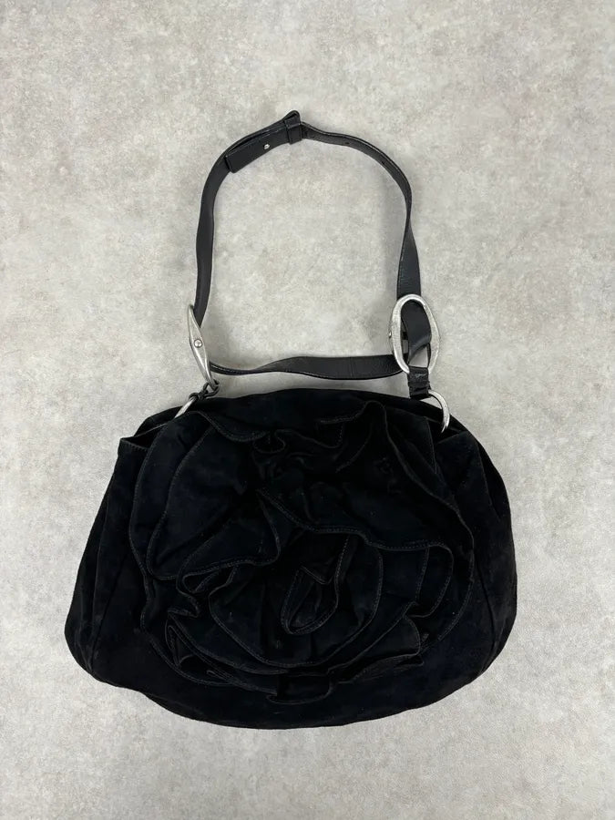 SS2003 Yves Saint Laurent Black Suede Roses Leather Handle Bag