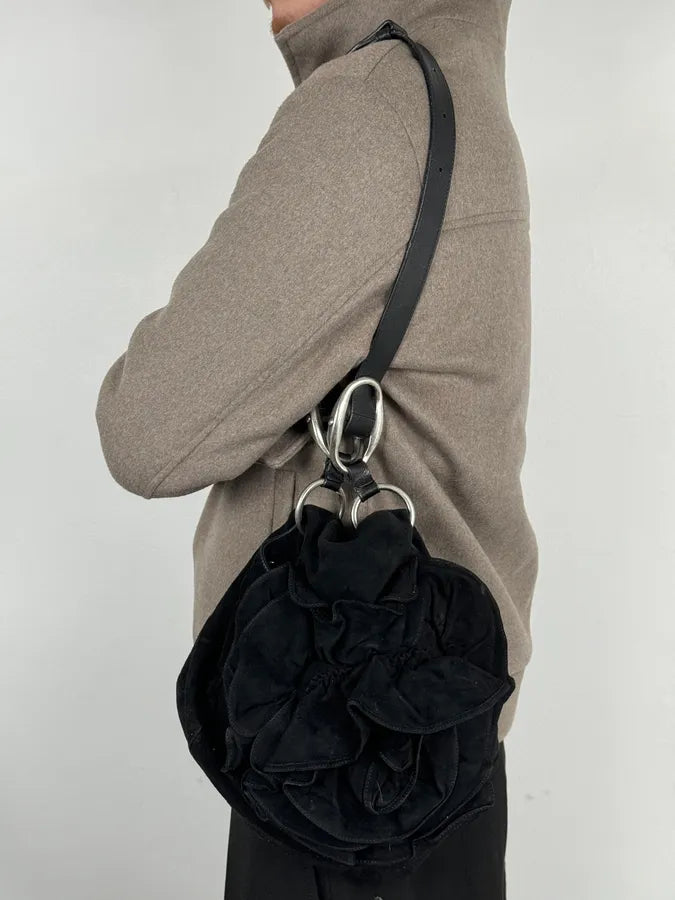 SS2003 Yves Saint Laurent Black Suede Roses Leather Handle Bag